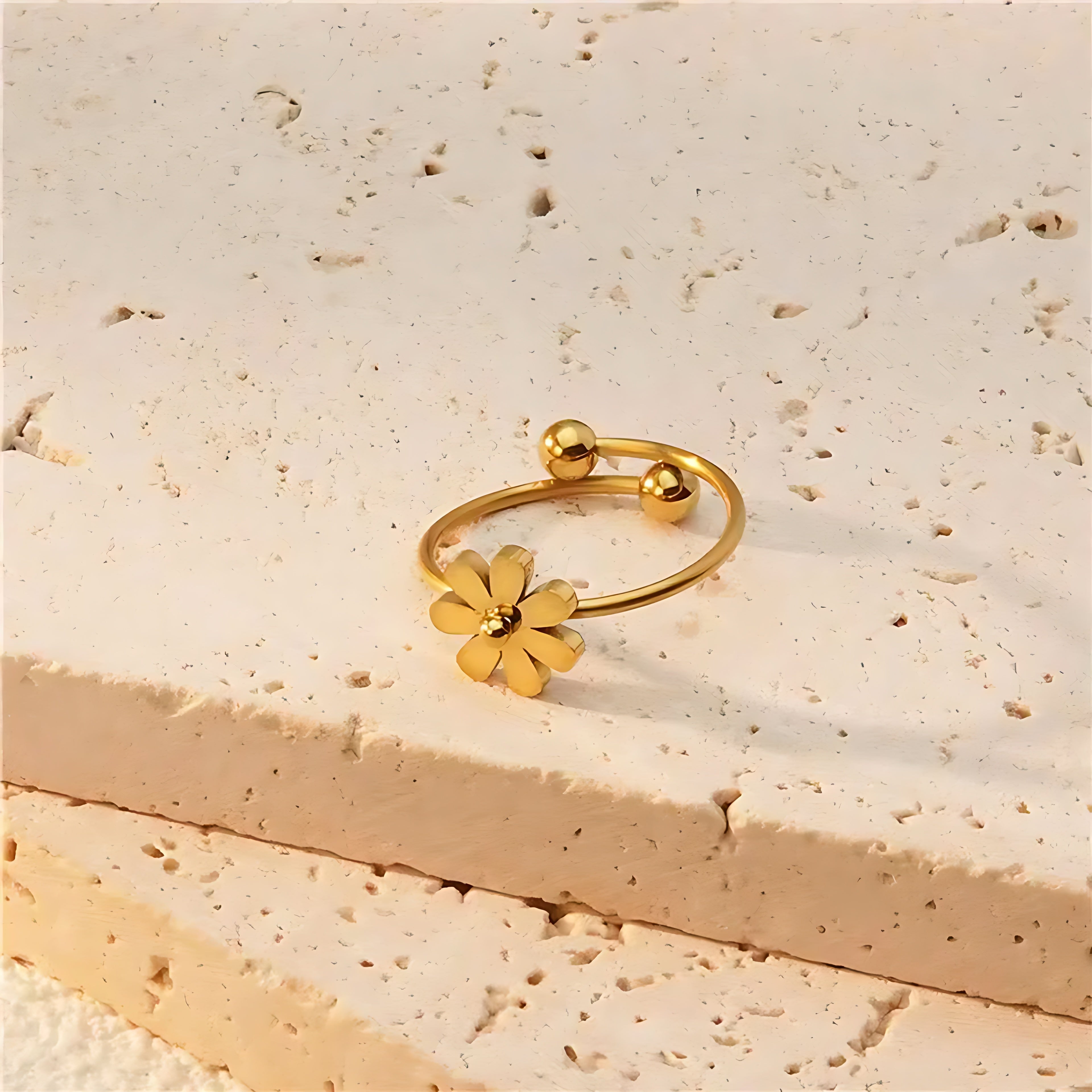 Gold Plated Adjustable Flower Ring - Mirellien Jewelry
