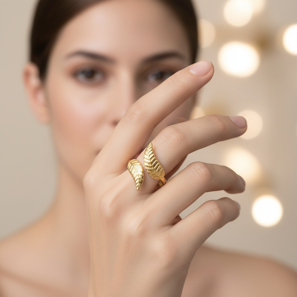 Gold Plated Adjustable Leaf Ring - Mirellien Jewelry