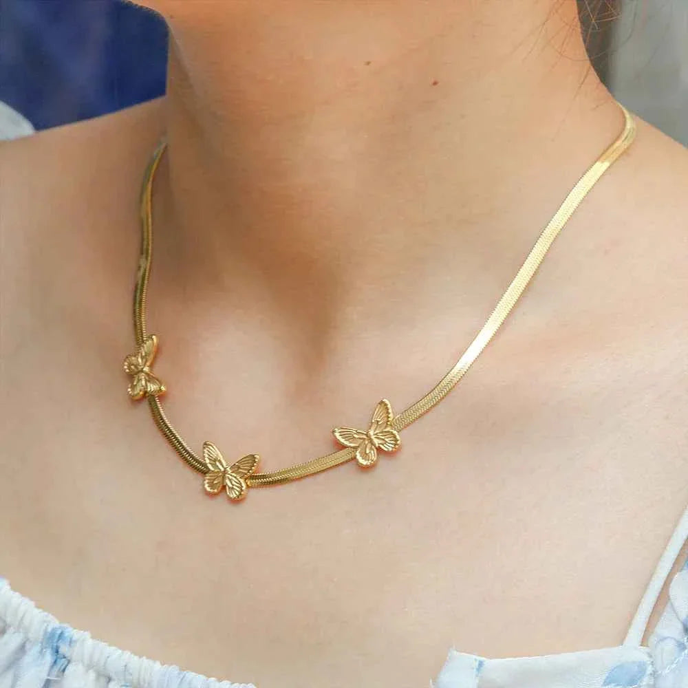 Butterfly Pendant Snake Bone Chain Necklace