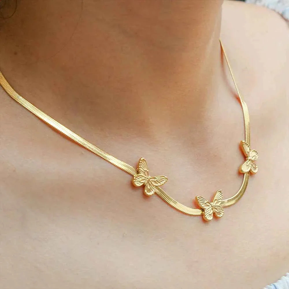 Butterfly Pendant Snake Bone Chain Necklace
