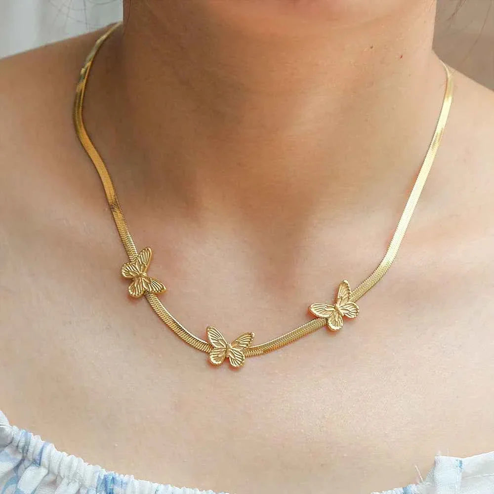 Butterfly Pendant Snake Bone Chain Necklace